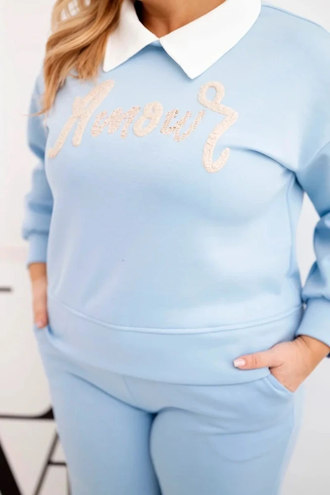 Moteriškas Plus Size komplektas su plačiomis kelnėmis ir apykakle, mėlynos spalvos
