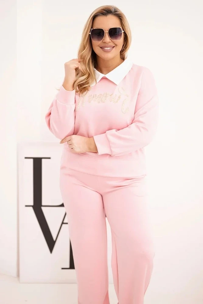 Moteriškas Plus Size komplektas su plačiomis klešnėmis ir apykakle, šviesiai rožinės spalvos