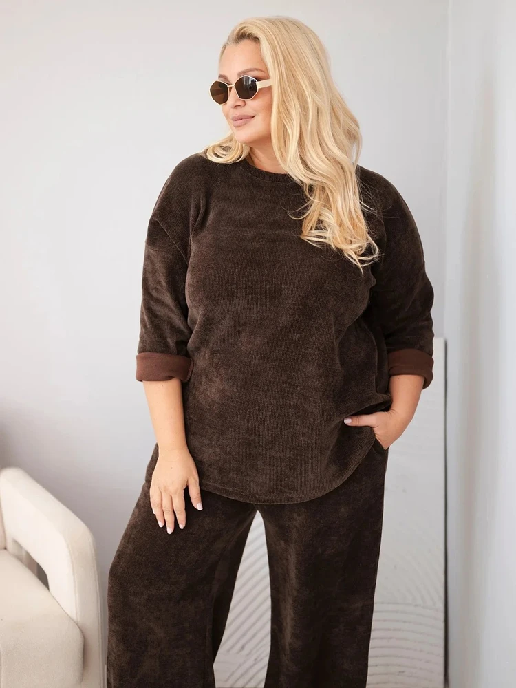 Moteriškas Plus Size komplektas su plačiomis kelnėmis, rudos spalvos