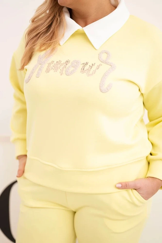 Moteriškas Plus Size komplektas su plačiomis kelnėmis ir apykakle, geltonos spalvos