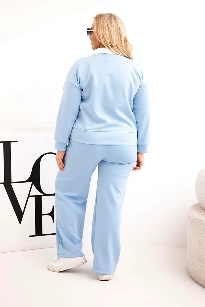 Moteriškas Plus Size komplektas su plačiomis kelnėmis ir apykakle, mėlynos spalvos
