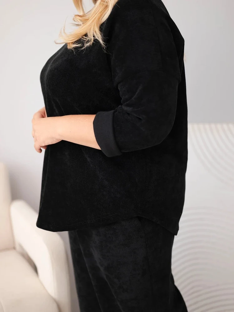 Moteriškas Plus Size komplektas su plačiomis kelnėmis, juodos spalvos
