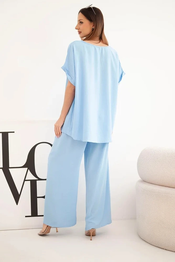 Moteriškas Plus Size komplektas su plačiomis kelnėmis, mėlynas