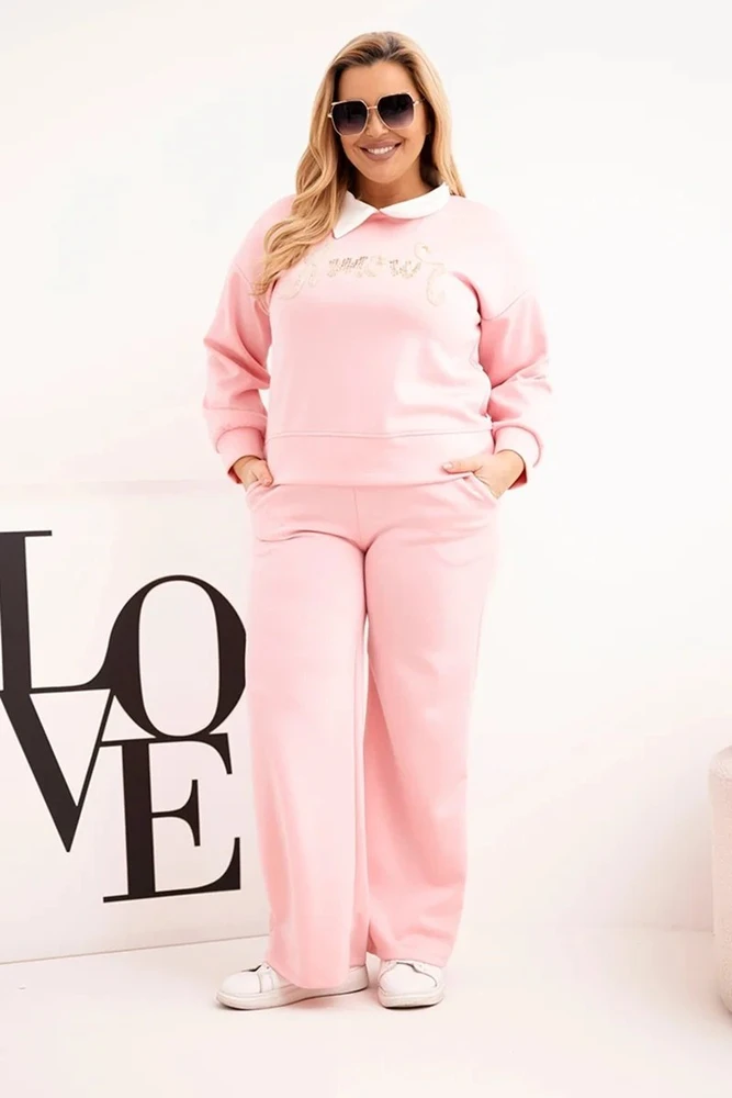 Moteriškas Plus Size komplektas su plačiomis klešnėmis ir apykakle, šviesiai rožinės spalvos