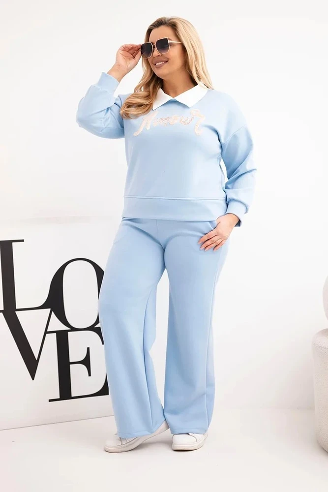 Moteriškas Plus Size komplektas su plačiomis kelnėmis ir apykakle, mėlynos spalvos
