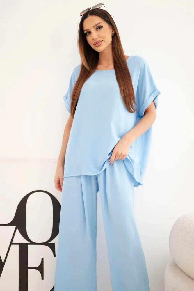 Moteriškas Plus Size komplektas su plačiomis kelnėmis, mėlynas