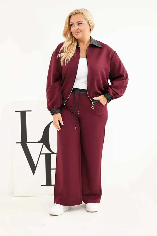 Moteriškas Plus Size komplektas su užtrauktuku ir plačiomis kelnėmis, bordo spalvos