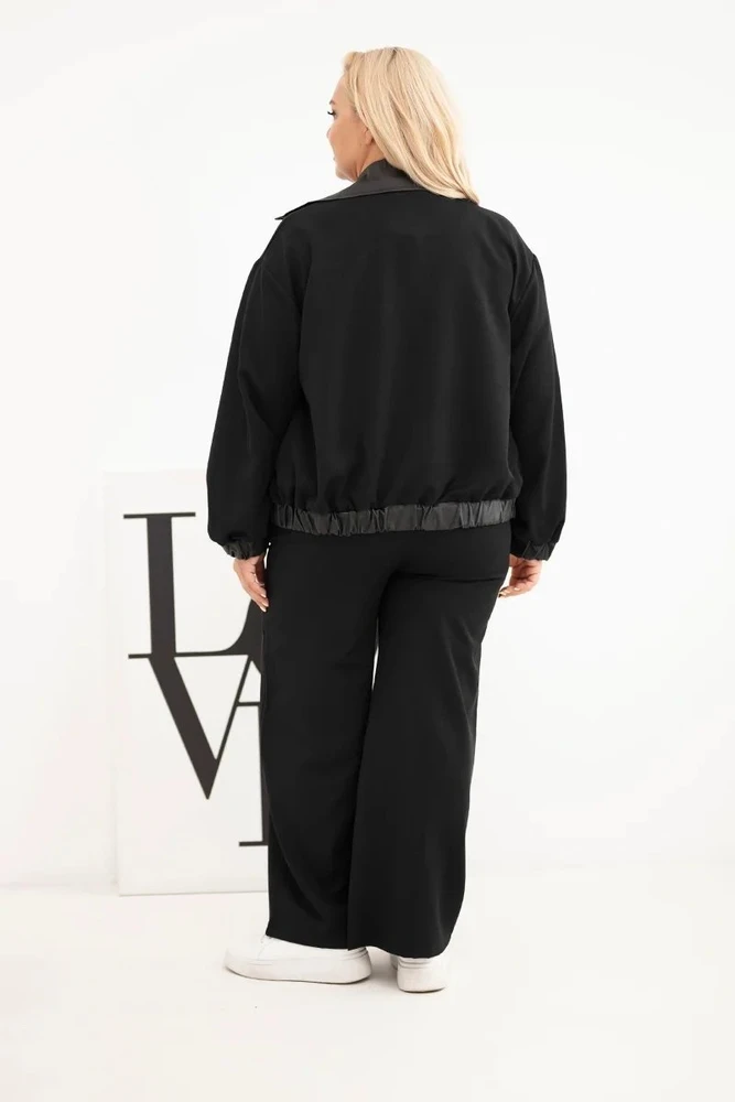Moteriškas Plus Size komplektas su užtrauktuku ir plačiomis kelnėmis, juodas