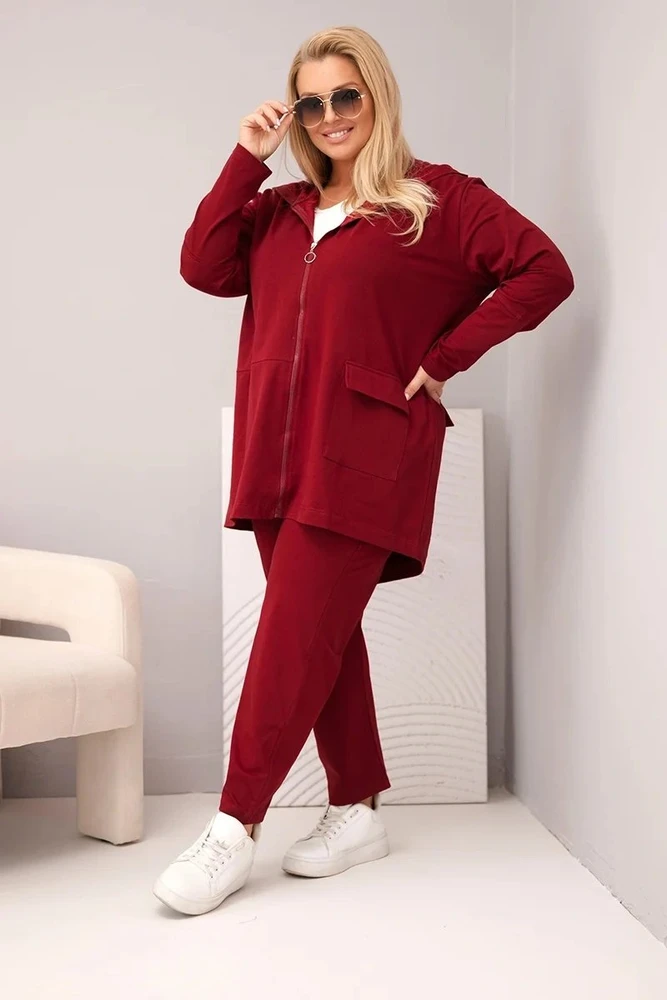 Moteriškas Plus Size laisvalaikio komplektas su džemperiu ir kelnėmis, burgundiškas