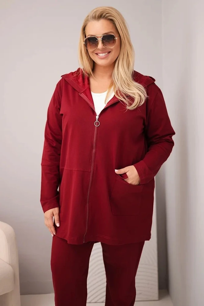 Moteriškas Plus Size laisvalaikio komplektas su džemperiu ir kelnėmis, burgundiškas