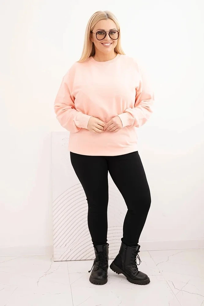 Moteriškas Plus Size medvilninis džemperis su apvalia iškirpte, lašišos spalvos