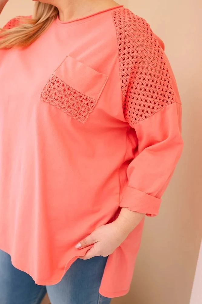 Moteriškas Plus Size medvilninis džemperis su raštu, persikų spalvos
