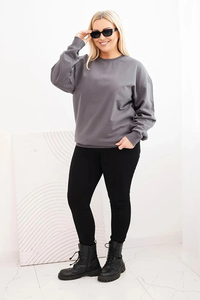 Moteriškas Plus Size medvilninis džemperis su apvalia iškirpte, grafito spalvos