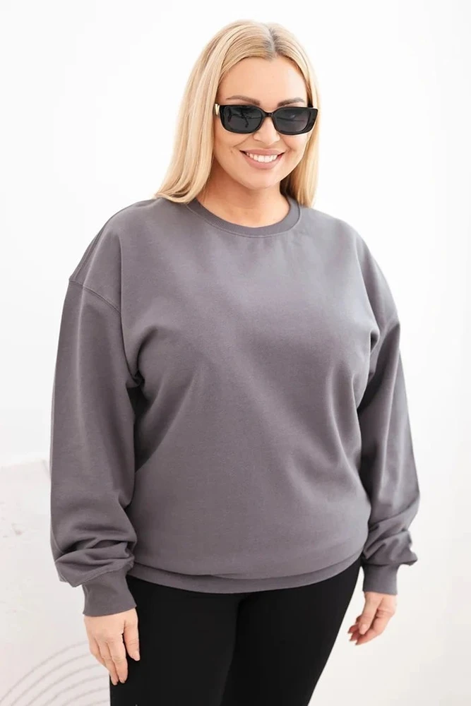 Moteriškas Plus Size medvilninis džemperis su apvalia iškirpte, grafito spalvos