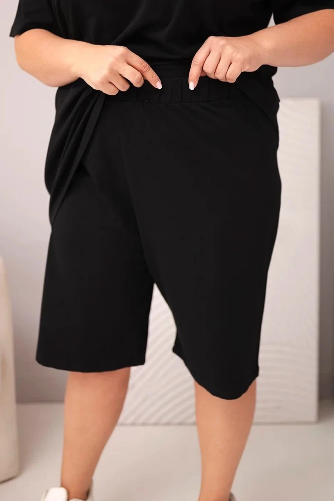 Moteriškas Plus Size medvilninis komplektas su palaidine ir šortais, juodas
