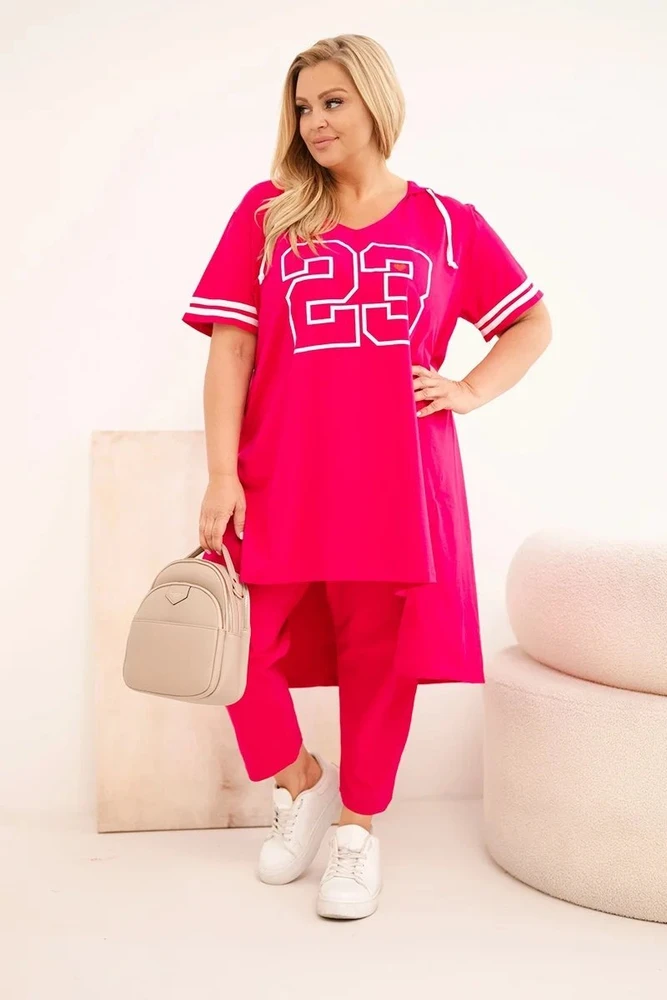 Moteriškas Plus Size medvilninis komplektas su gobtuvu ir kelnėmis, fuksijos spalvos