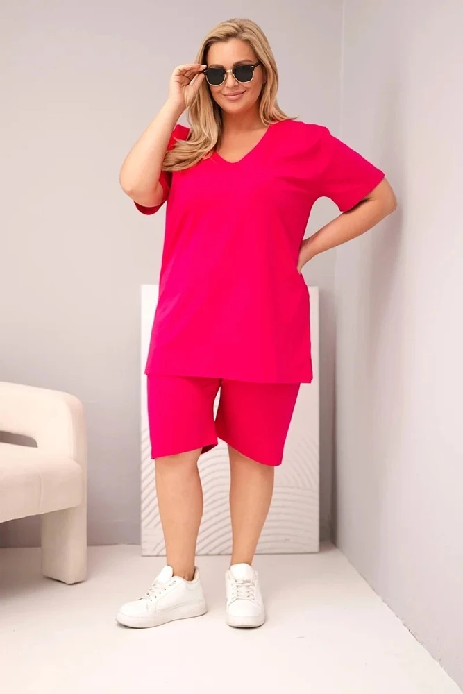 Moteriškas Plus Size medvilninis komplektas su palaidine ir šortais, fuksijos spalvos