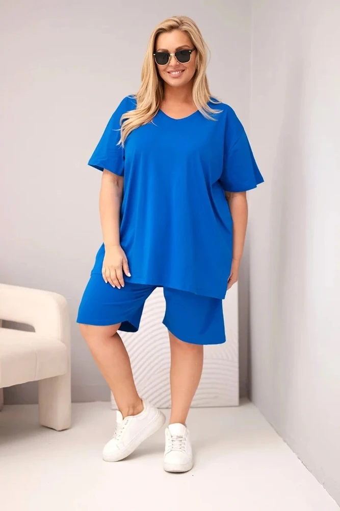 Moteriškas Plus Size medvilninis komplektas su palaidine ir šortais, rugiagėlių mėlynos spalvos