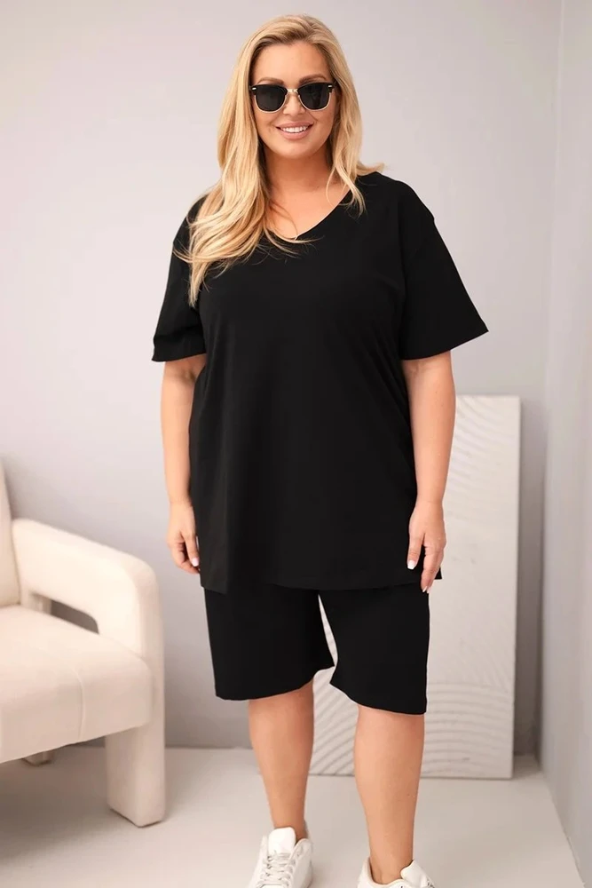 Moteriškas Plus Size medvilninis komplektas su palaidine ir šortais, juodas