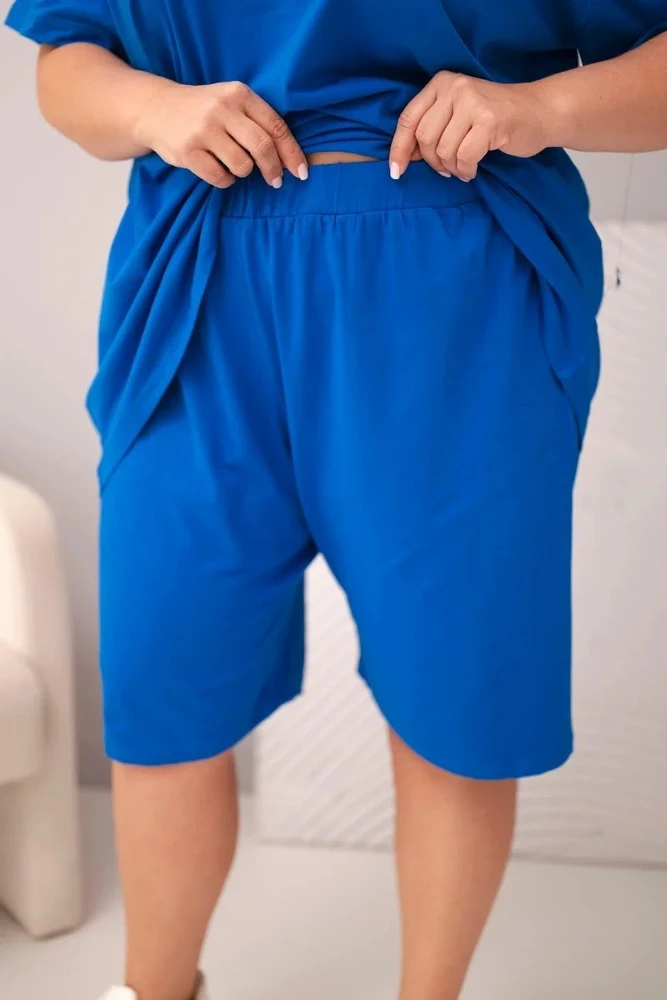 Moteriškas Plus Size medvilninis komplektas su palaidine ir šortais, rugiagėlių mėlynos spalvos