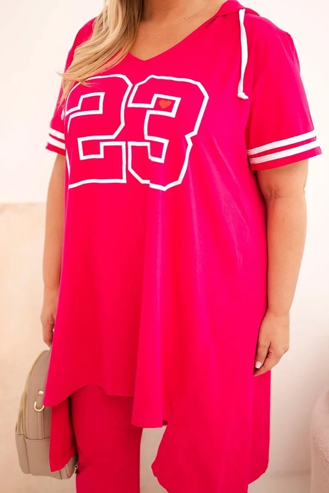 Moteriškas Plus Size medvilninis komplektas su gobtuvu ir kelnėmis, fuksijos spalvos