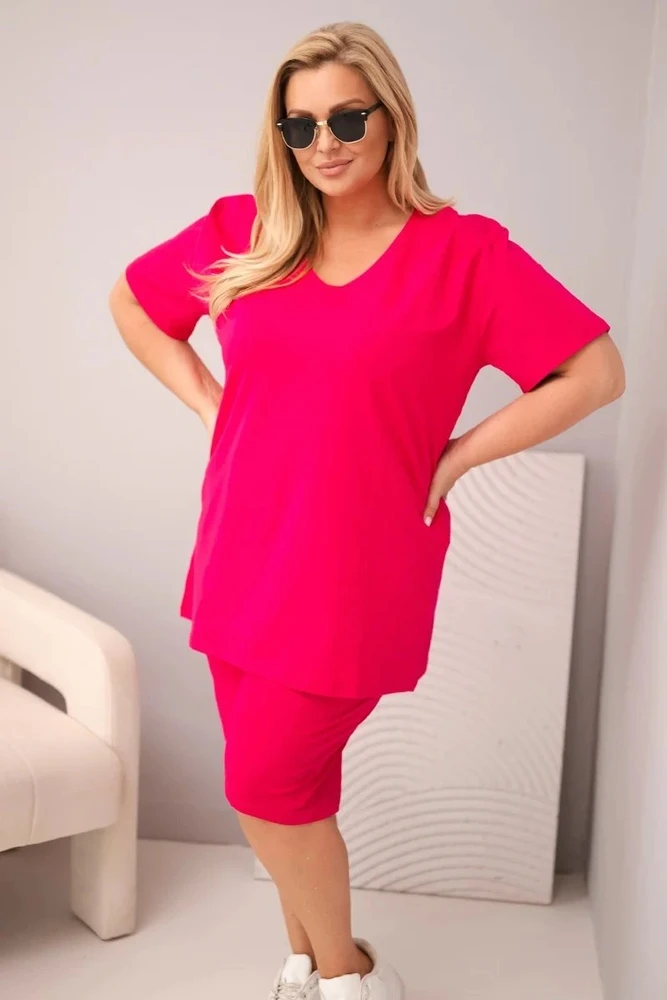 Moteriškas Plus Size medvilninis komplektas su palaidine ir šortais, fuksijos spalvos