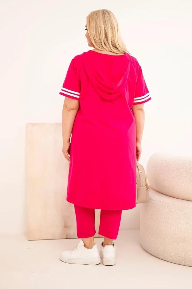 Moteriškas Plus Size medvilninis komplektas su gobtuvu ir kelnėmis, fuksijos spalvos