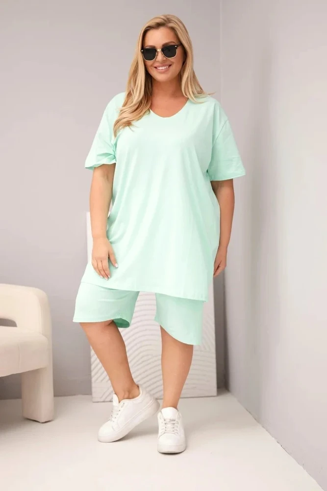 Moteriškas Plus Size medvilninis komplektas su palaidine ir šortais, mėtų spalvos