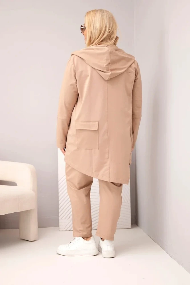 Moteriškas Plus Size medvilninis laisvalaikio komplektas su džemperiu ir kelnėmis, smėlio spalvos