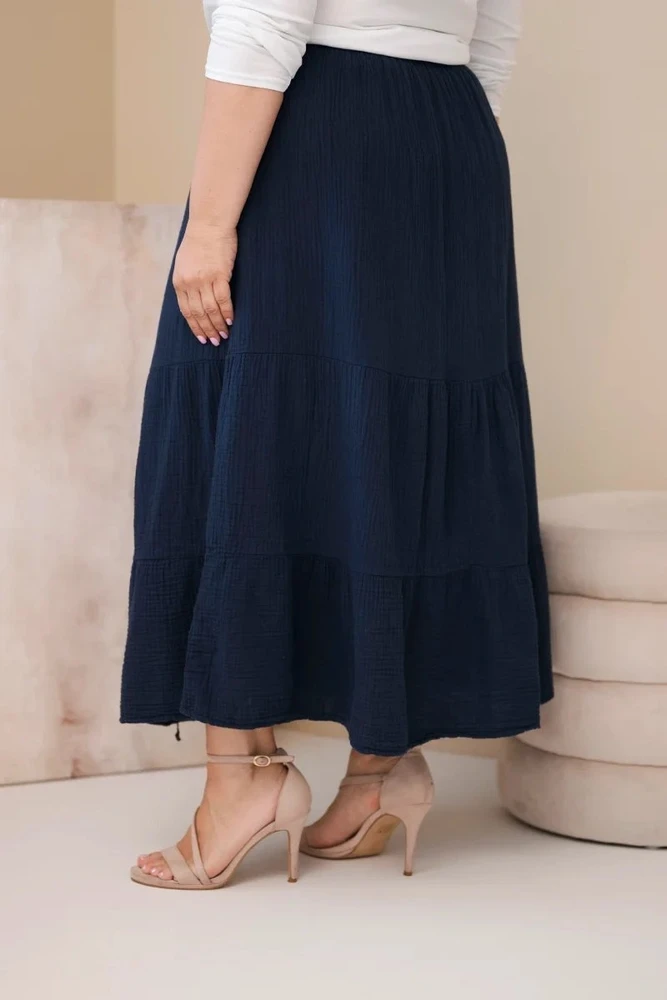 Moteriškas Plus Size medvilninis mušelino sijonas su raukiniais ir tampriu juosmeniu, tamsiai mėlynas