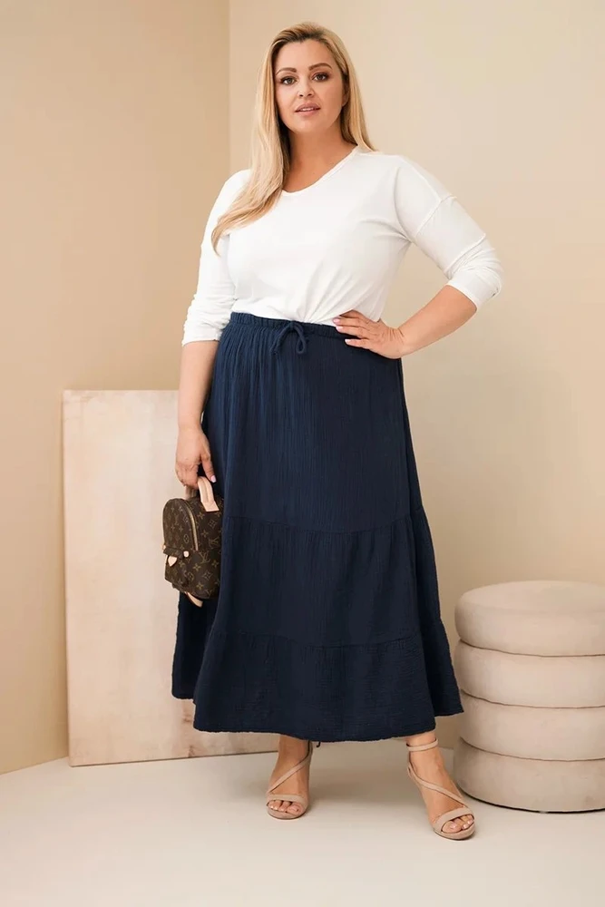 Moteriškas Plus Size medvilninis mušelino sijonas su raukiniais ir tampriu juosmeniu, tamsiai mėlynas