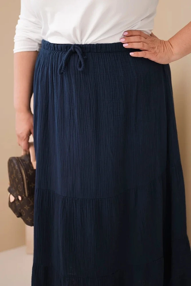 Moteriškas Plus Size medvilninis mušelino sijonas su raukiniais ir tampriu juosmeniu, tamsiai mėlynas