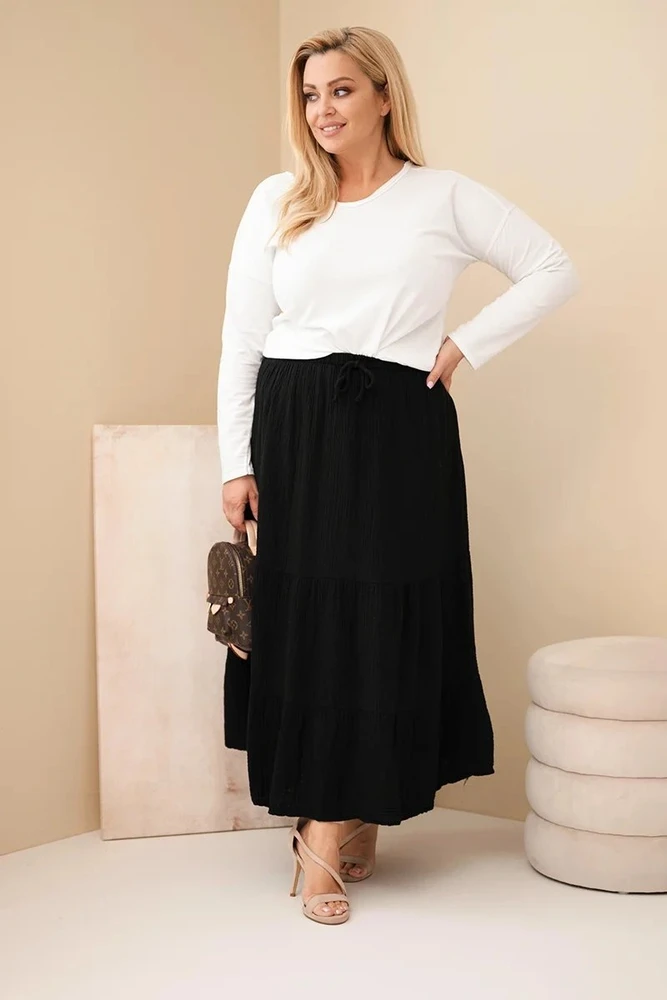 Moteriškas Plus Size medvilninis muslino sijonas su raukiniais ir gumyte juosmenyje, juodas