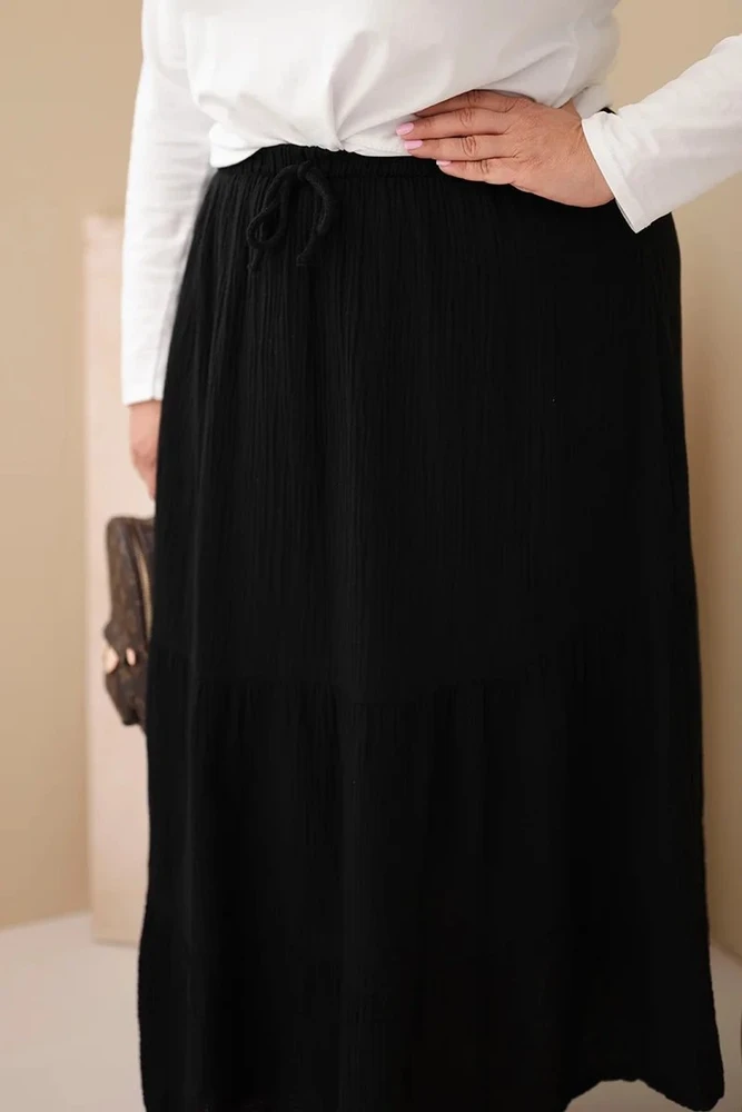 Moteriškas Plus Size medvilninis muslino sijonas su raukiniais ir gumyte juosmenyje, juodas