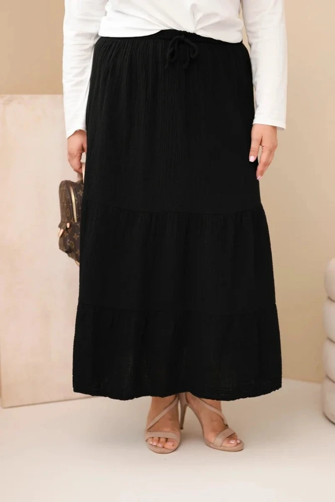 Moteriškas Plus Size medvilninis muslino sijonas su raukiniais ir gumyte juosmenyje, juodas