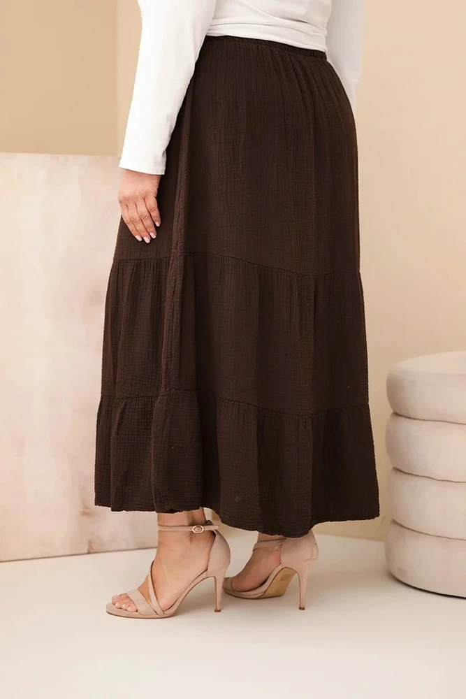 Moteriškas Plus Size medvilninis muslino sijonas su raukiniais ir elastiniu juosmeniu, rudas