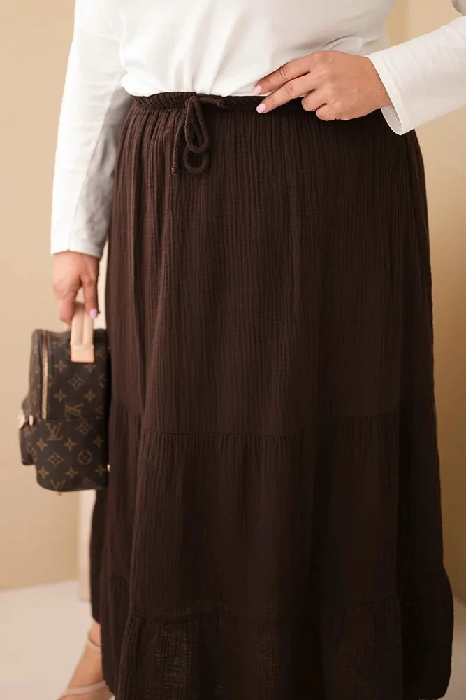 Moteriškas Plus Size medvilninis muslino sijonas su raukiniais ir elastiniu juosmeniu, rudas