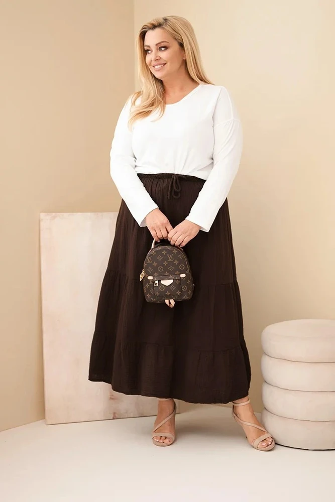 Moteriškas Plus Size medvilninis muslino sijonas su raukiniais ir elastiniu juosmeniu, rudas