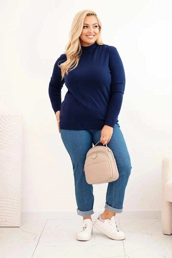 Moteriškas Plus Size megztinis aukštu kaklu, tamsiai mėlynas