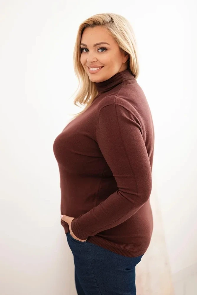 Moteriškas Plus Size megztinis aukštu kaklu, rudas