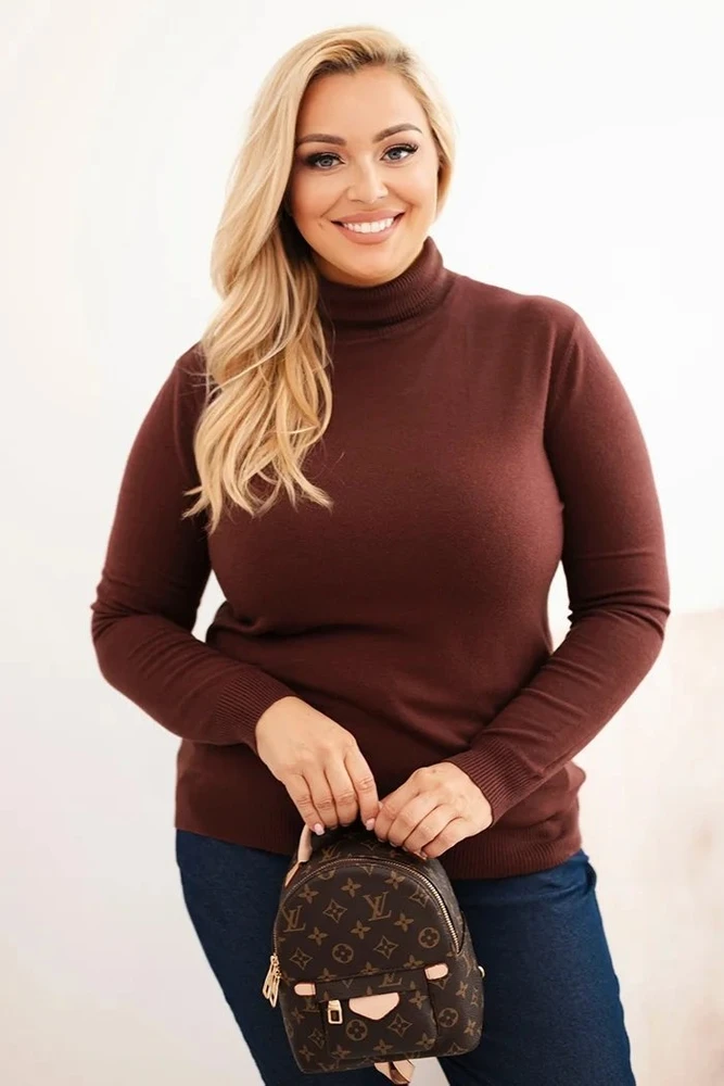 Moteriškas Plus Size megztinis aukštu kaklu, rudas