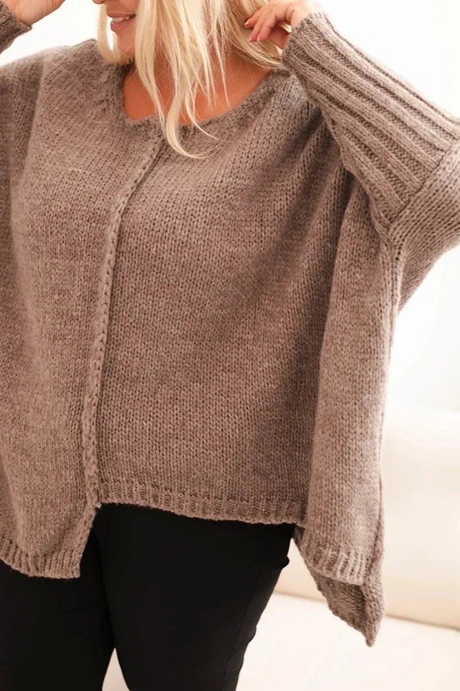 Moteriškas Plus Size megztinis su 70 % akrilo, fango spalvos