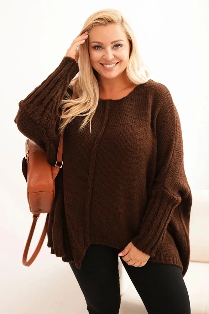 Moteriškas Plus Size megztinis su akrilu, laisvo kirpimo, 3/4 rankovėmis, rudas