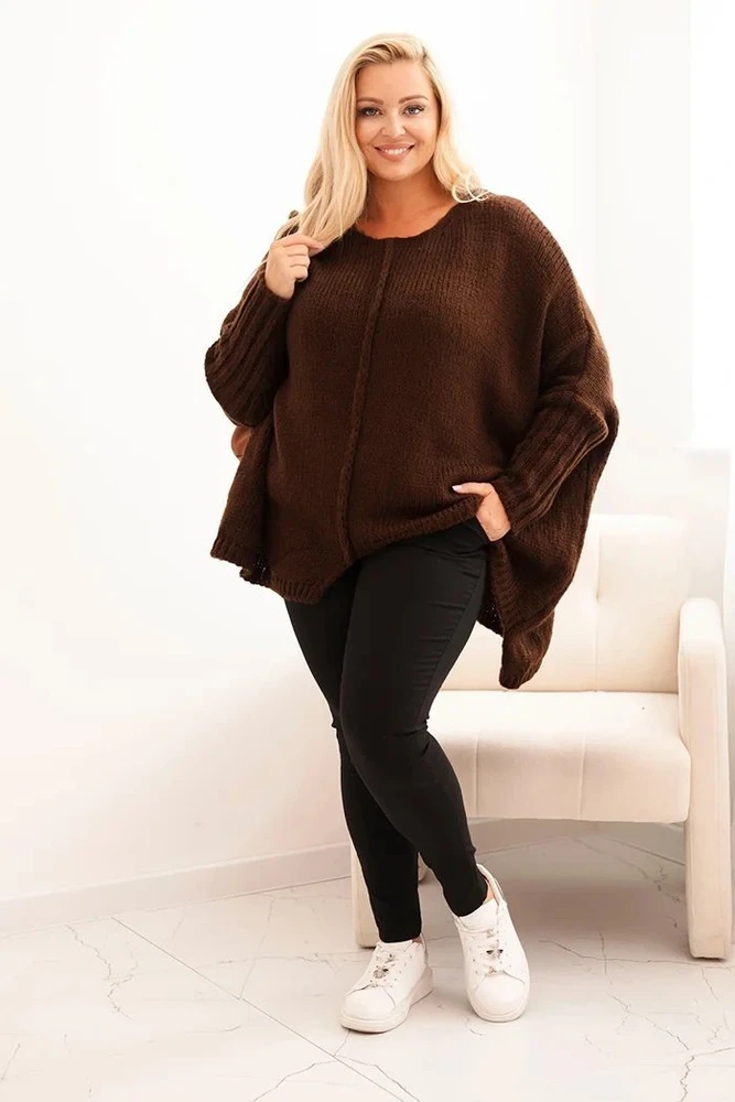 Moteriškas Plus Size megztinis su akrilu, laisvo kirpimo, 3/4 rankovėmis, rudas