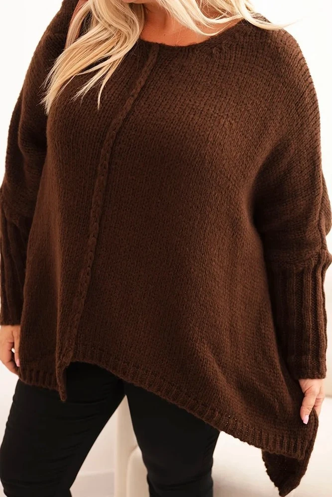 Moteriškas Plus Size megztinis su akrilu, laisvo kirpimo, 3/4 rankovėmis, rudas