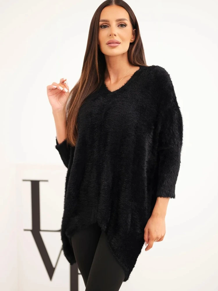 Moteriškas Plus Size megztinis su V iškirpte, juodos spalvos