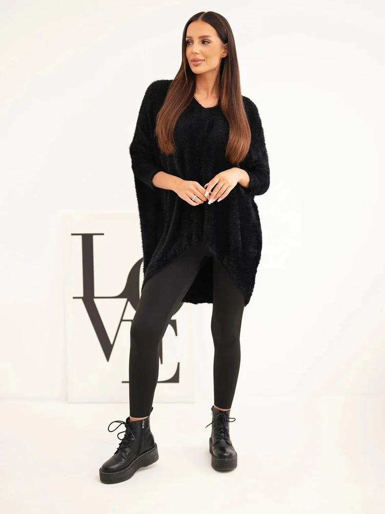 Moteriškas Plus Size megztinis su V iškirpte, juodos spalvos