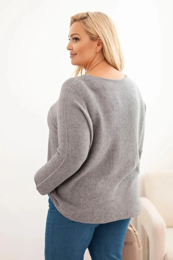 Moteriškas Plus Size megztinis su valties iškirpte, pilkos spalvos