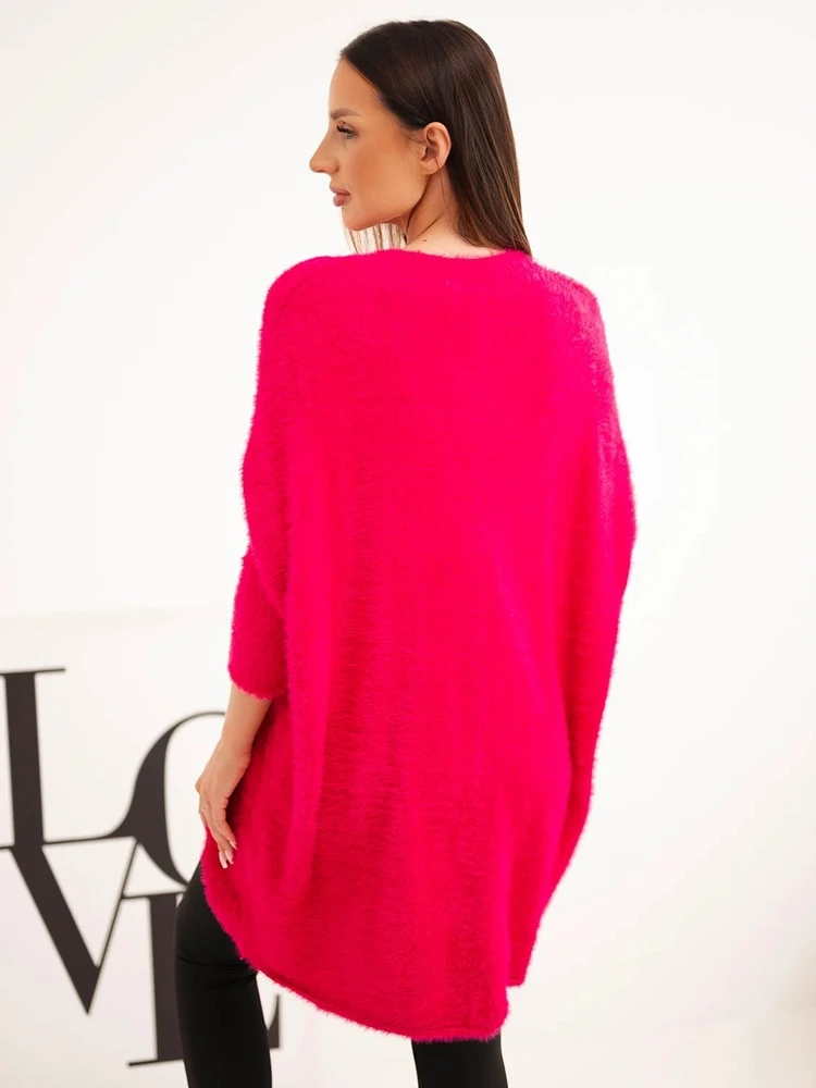Moteriškas Plus Size megztinis V formos iškirpte, fuksijos spalvos