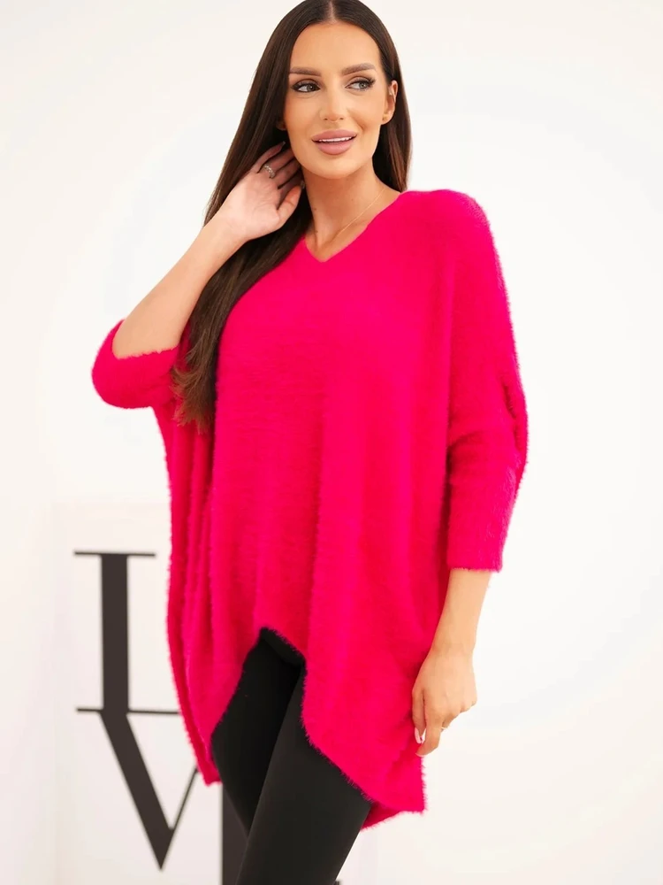 Moteriškas Plus Size megztinis V formos iškirpte, fuksijos spalvos